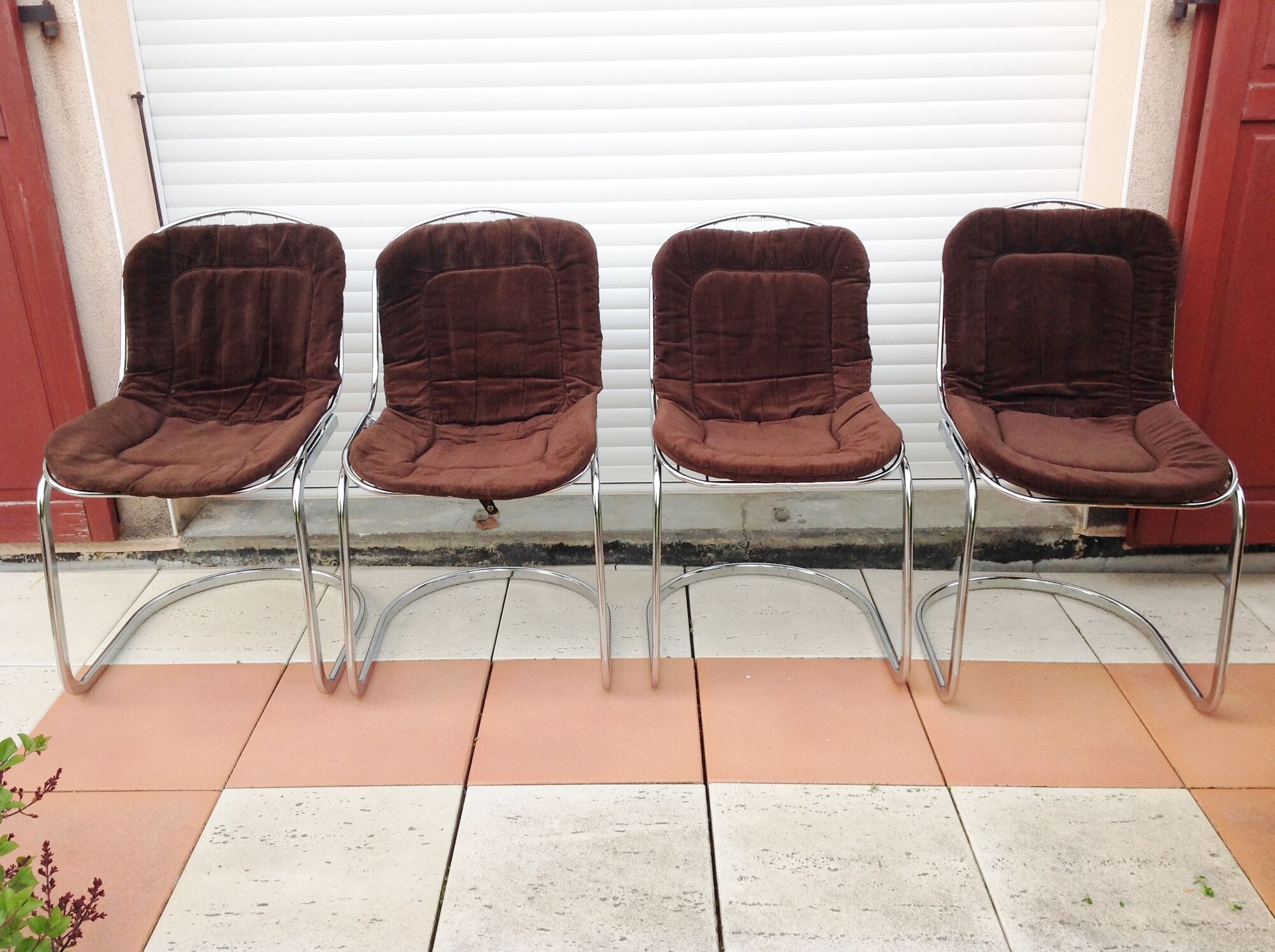 Set of four chrome metal wired chairs by Gastone Rinaldi / vintage 70s