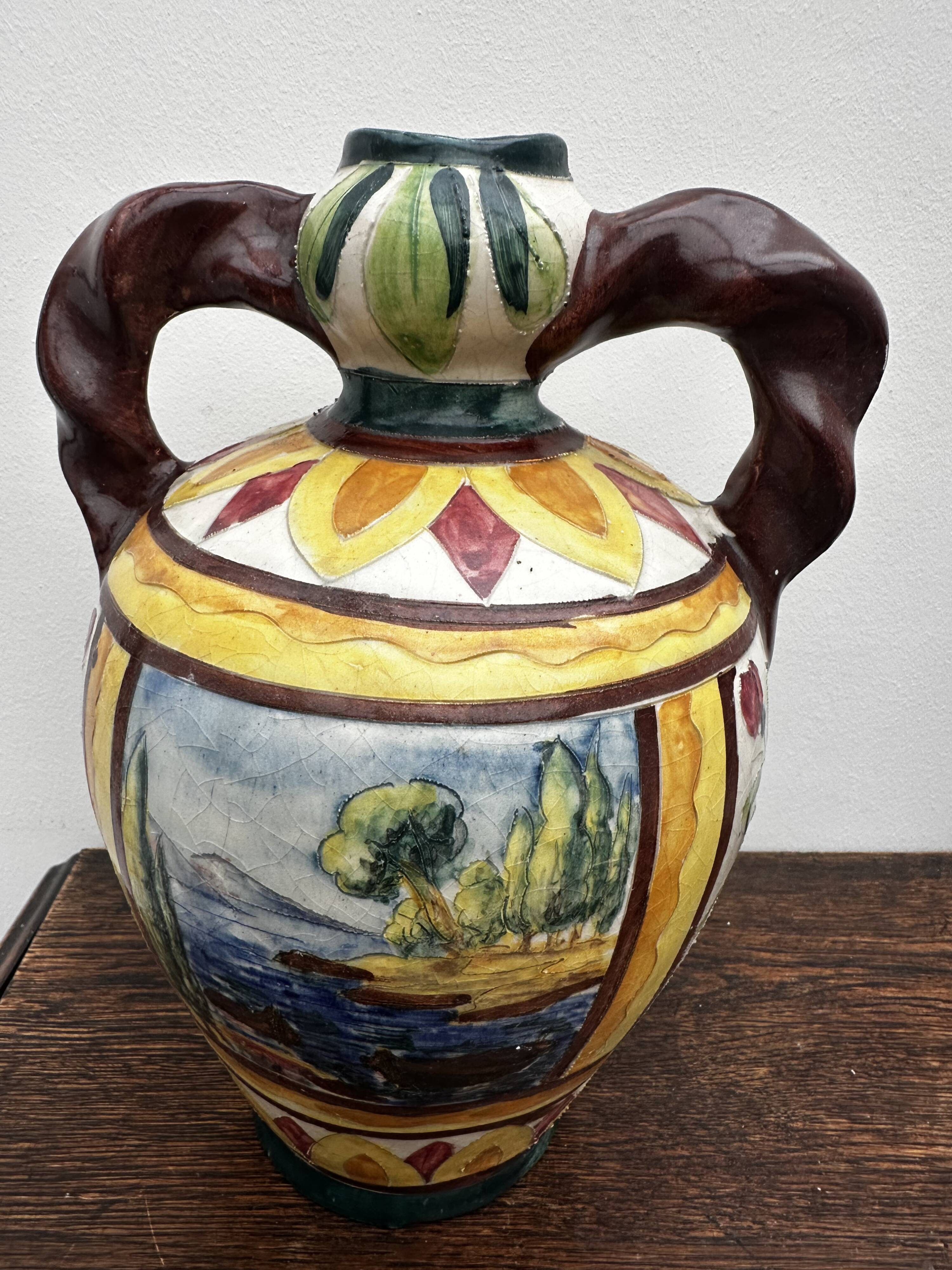 Grande amphore italienne en terre cuite décor polychrome