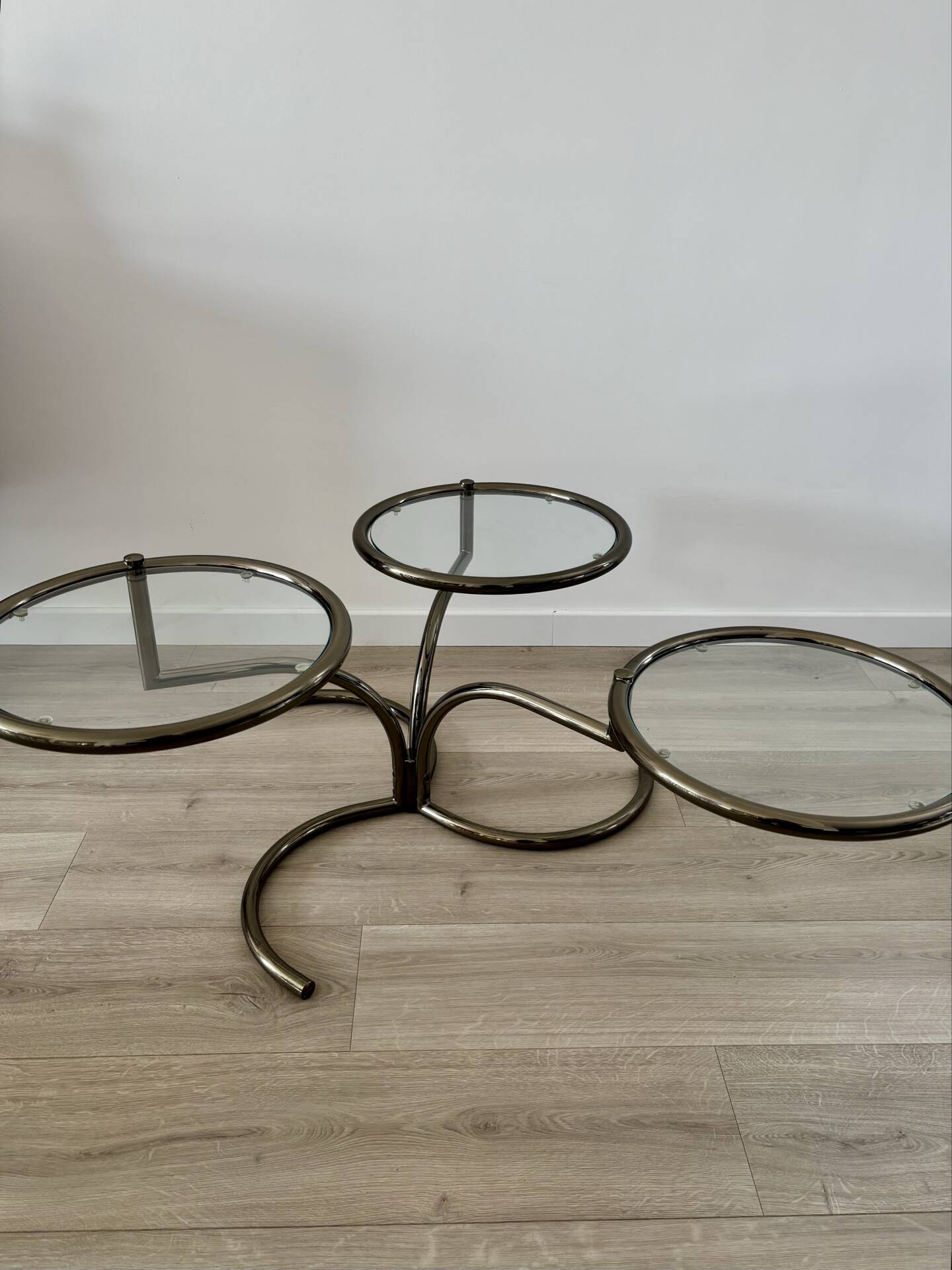 Table basse Morex attribuée à Milo Baughman années 70 3 plateaux