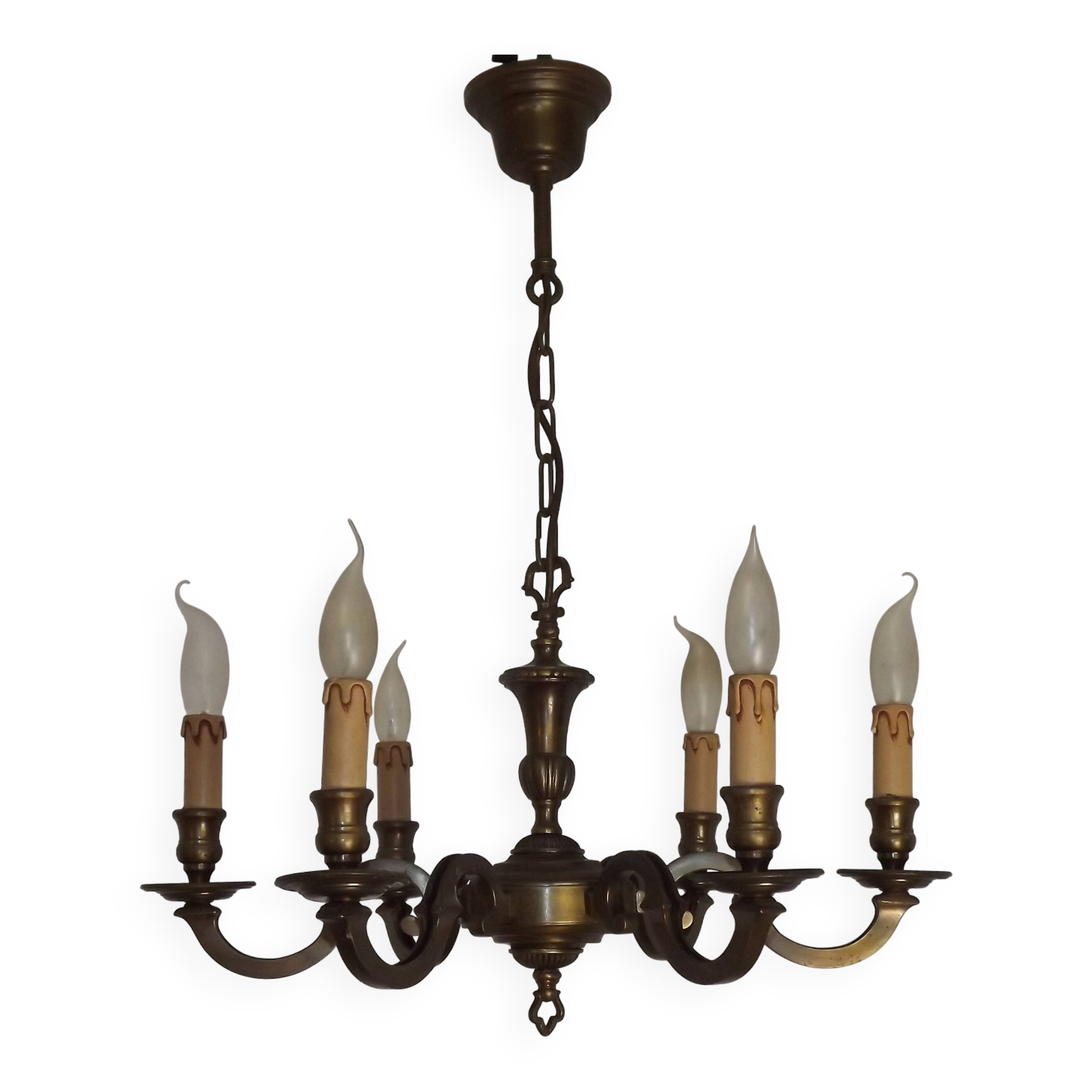 French Mid Century Brass & Copper 6 Light Traditional Style Chandelier 5571