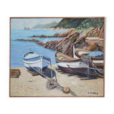 Oil on canvas Barques on the beach