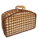 Wicker picnic basket, blue gingham interior.