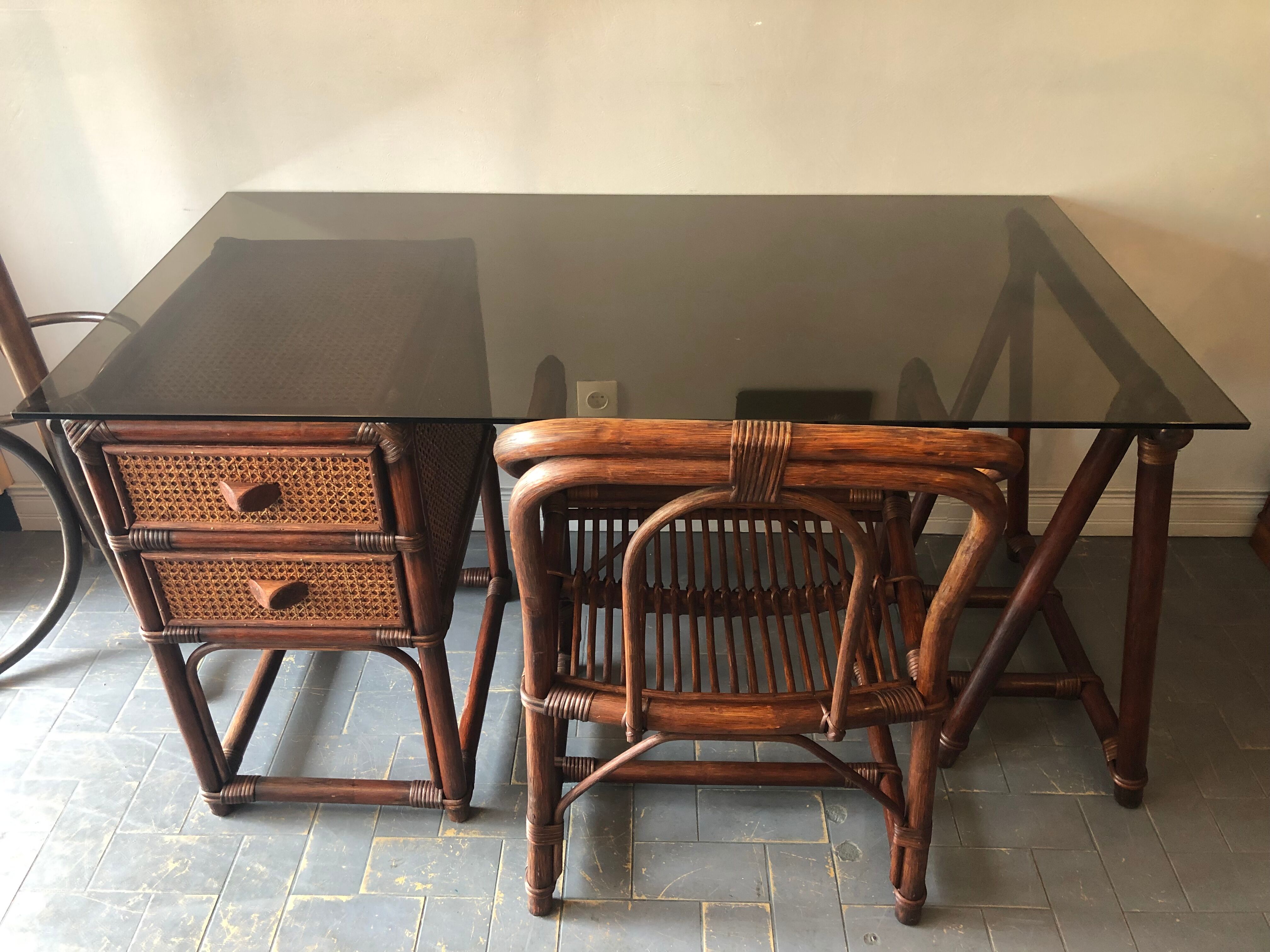 Bamboo desk and armchair, rattan 70s/80s