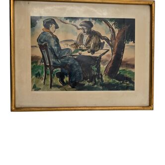 Watercolor Jean Moreau - The card game -, 1940