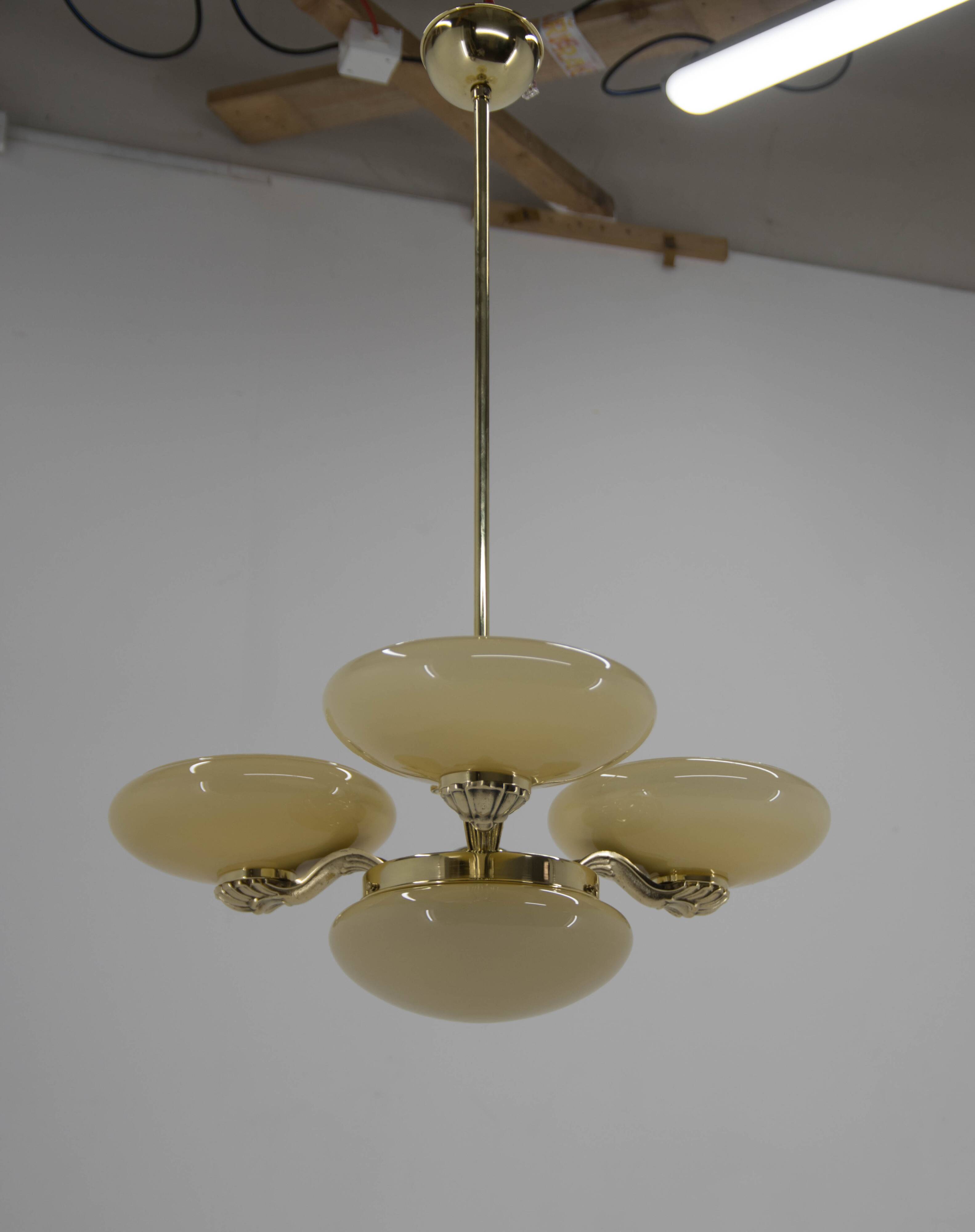 Art Nouveau Brass and Glass Chandelier, 1920s, Perfect Condition