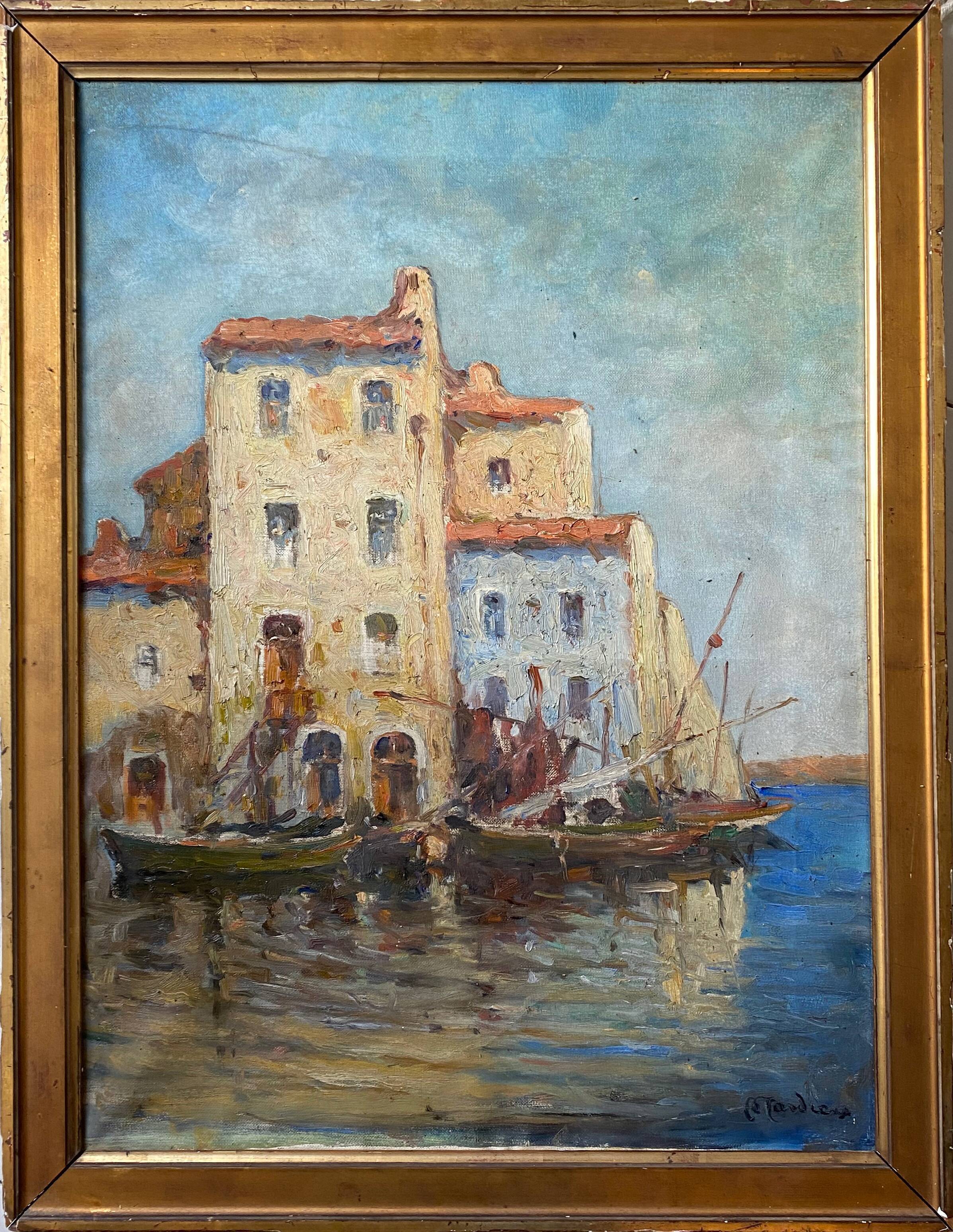 Table "Landscape of boats" Italy HST signed Alfred Tardieu (XIX-XX)