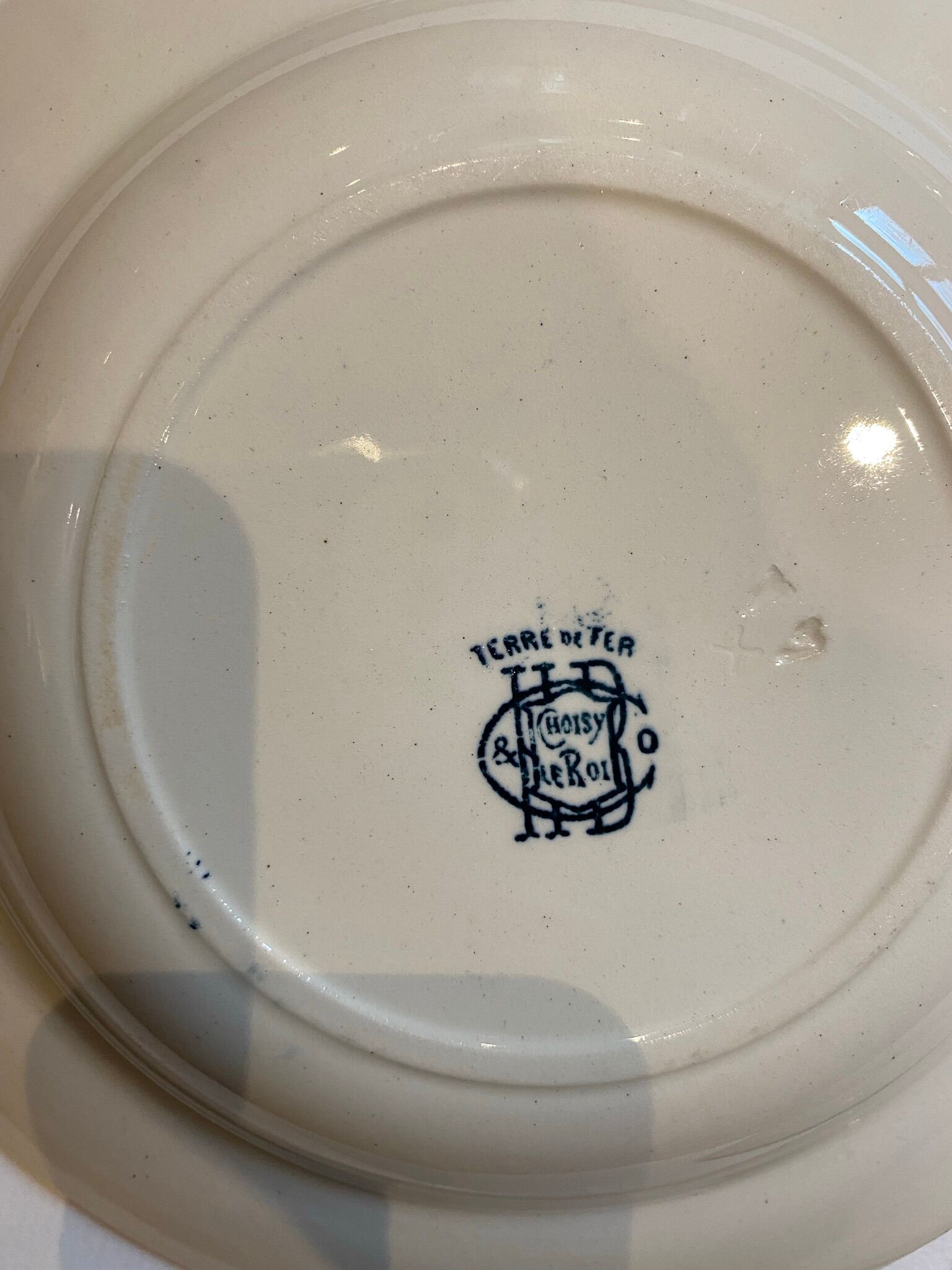 Set of 4 hollow plates, insect and fruit decorations, Manufacture Choisy le Roi, Terre de fer