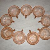 Lot 9 tasses art déco en verre transparent rose