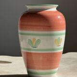 Large vintage pink vase with yellow and green stylized flower patterns H25