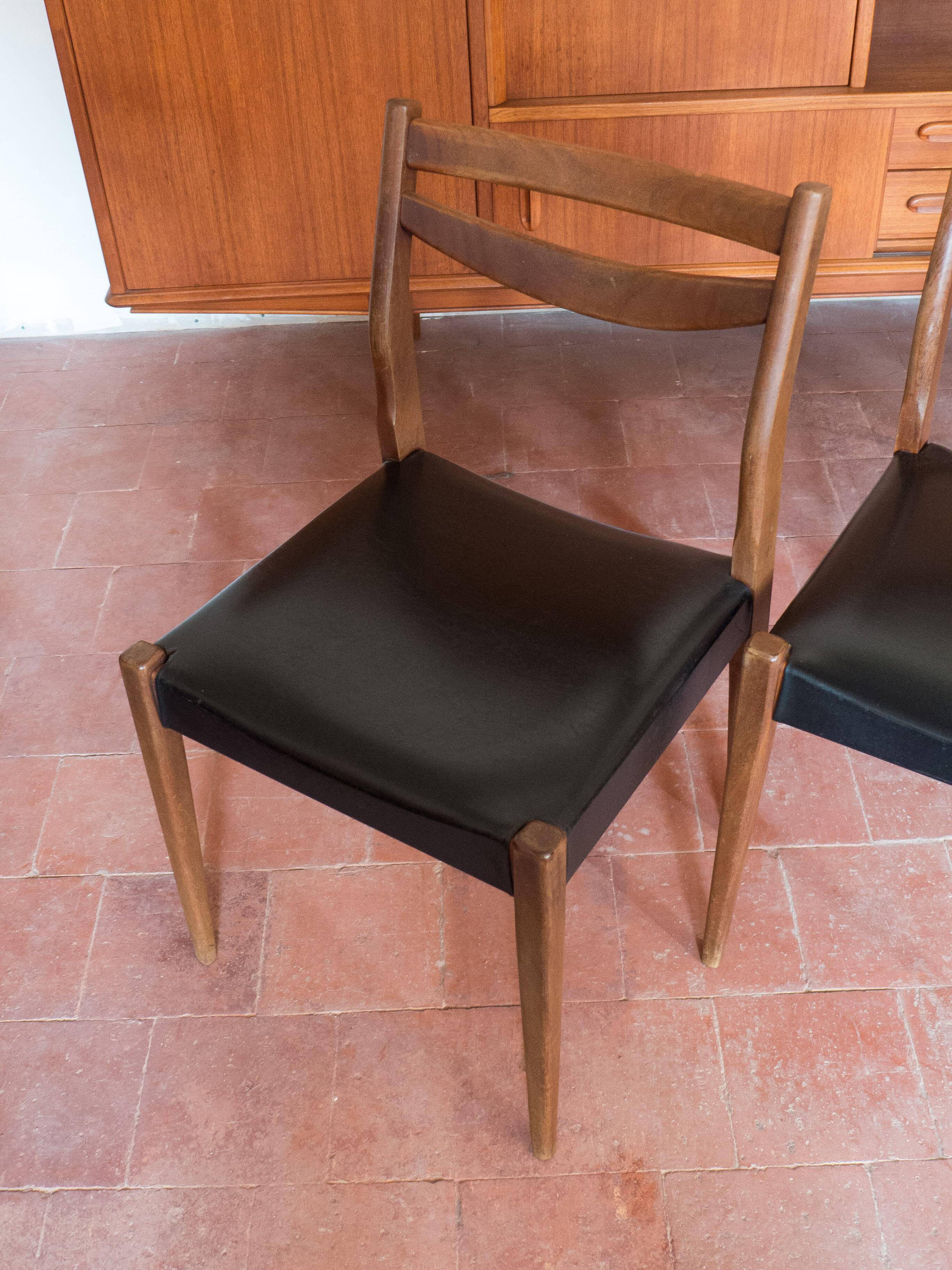 Set of 4 wooden and black faux leather chairs, Scandinavian style, wooden chair