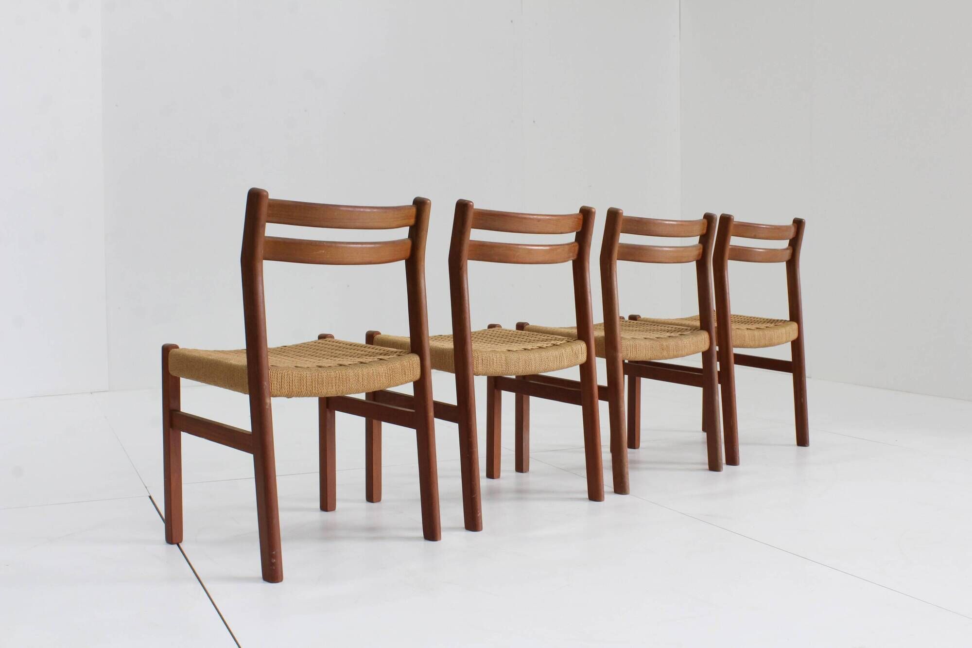 Mid Century Danish teak and paper cord dining chairs 1960s , set of 4