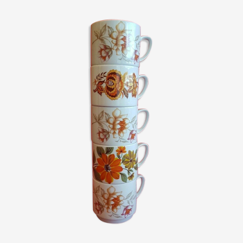 5 tasses mugs vintage décor fleurs orange Monopoli