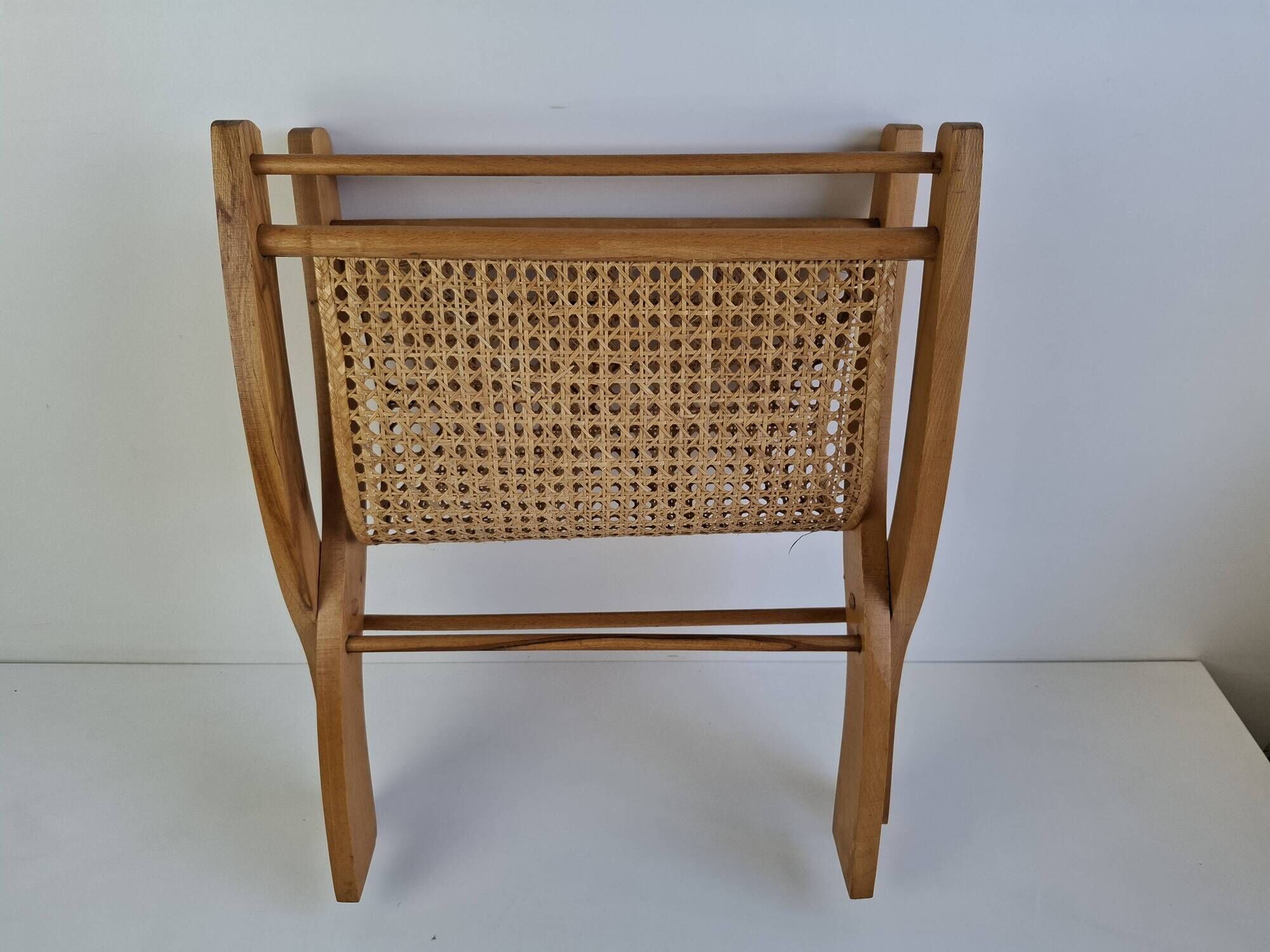 Vintage Mid-Century Wooden and Rattan Folding Magazine Rack, Czechoslovakia