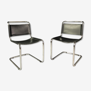 Pair of chairs S33 black leather and chrome