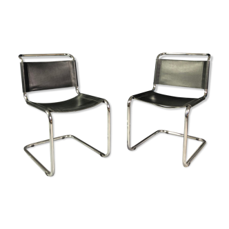 Pair of chairs S33 black leather and chrome