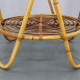 1960s Italian rattan coffee table with glass top, mid-century round design