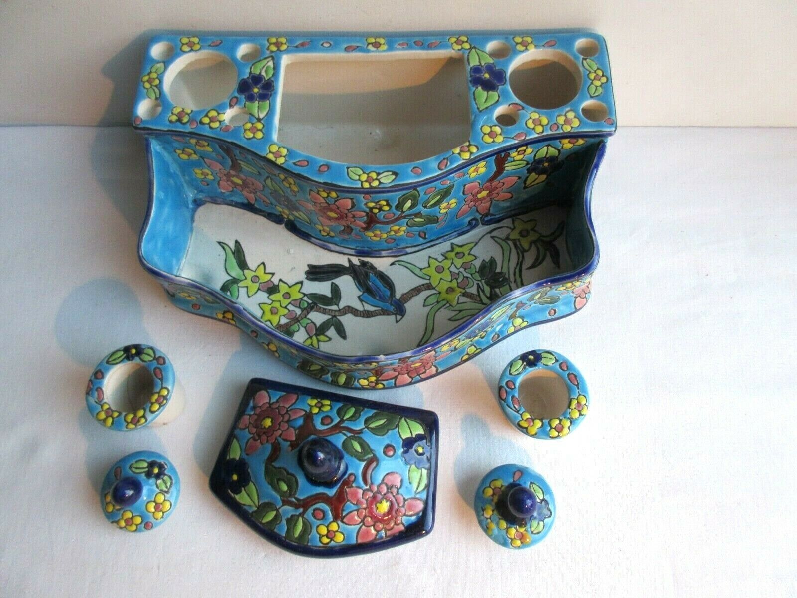 Double ink in enamels like Longwy  blue ceramic: Peonies and Bird