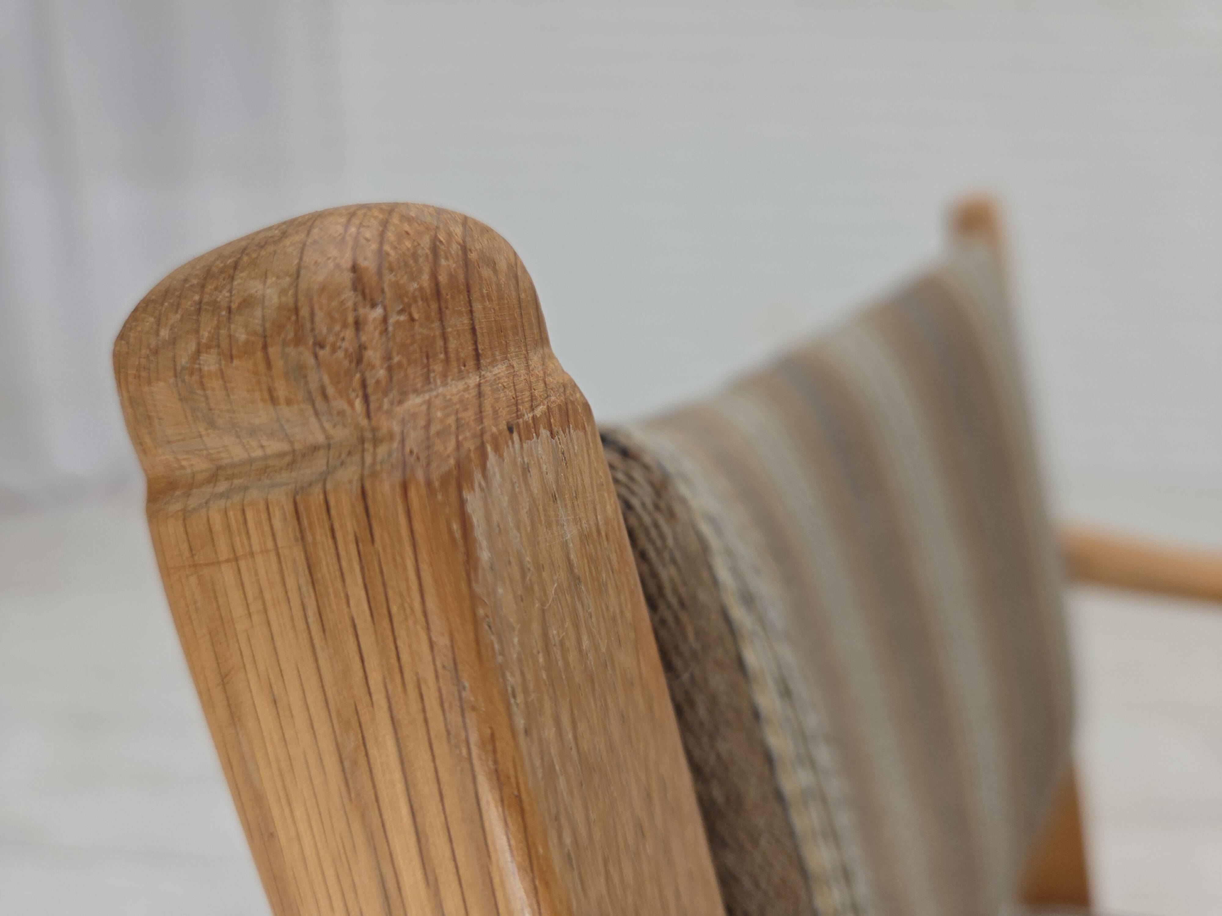 1970s, pair of Scandinavian armchairs, furniture wool, solid oak wood.