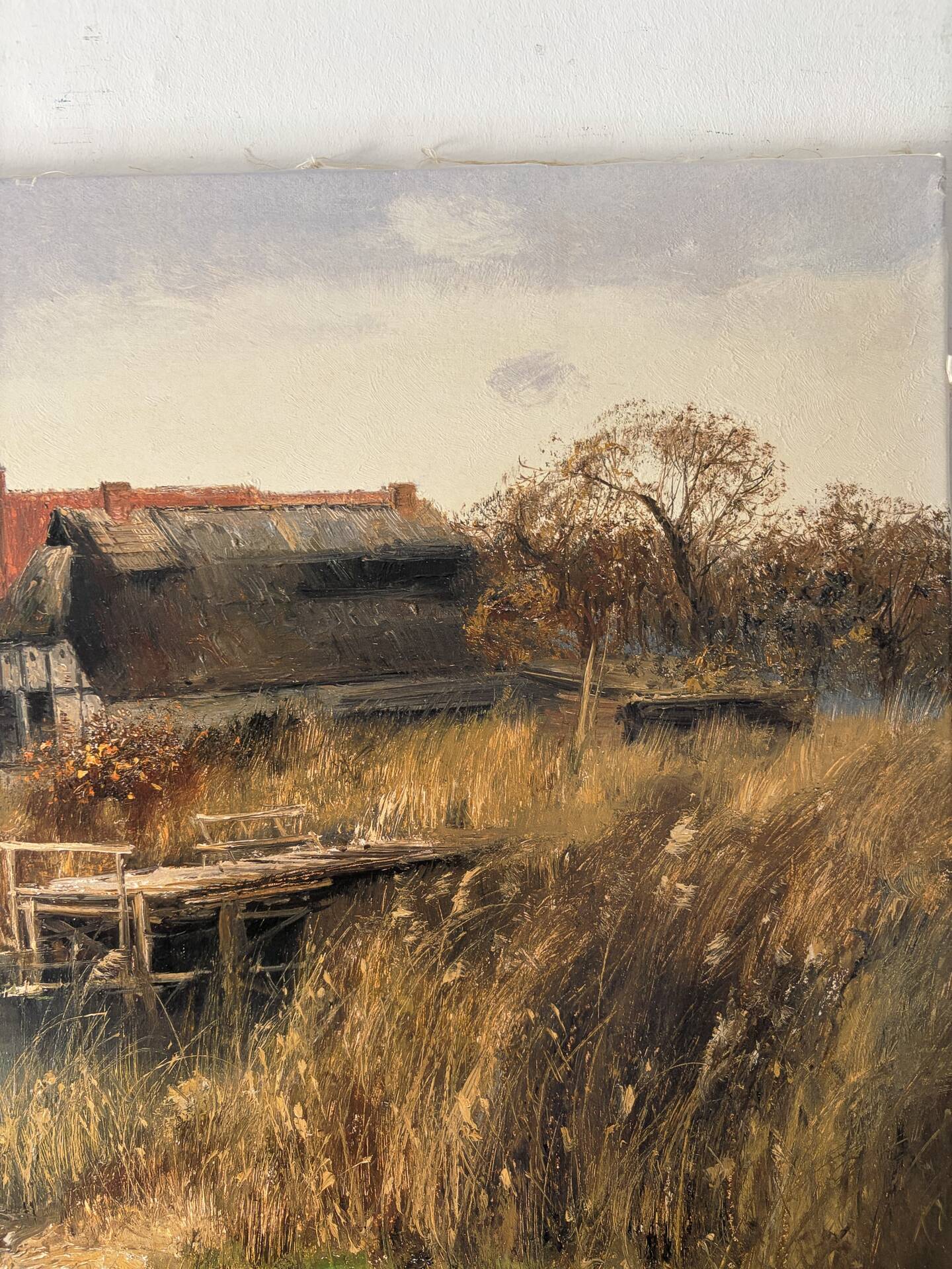 Village by the water, oil on paper signed