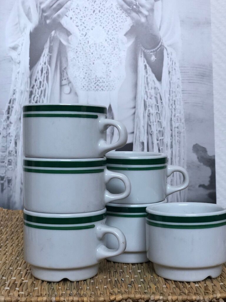 Lot 6 white porcelain cups green stripe