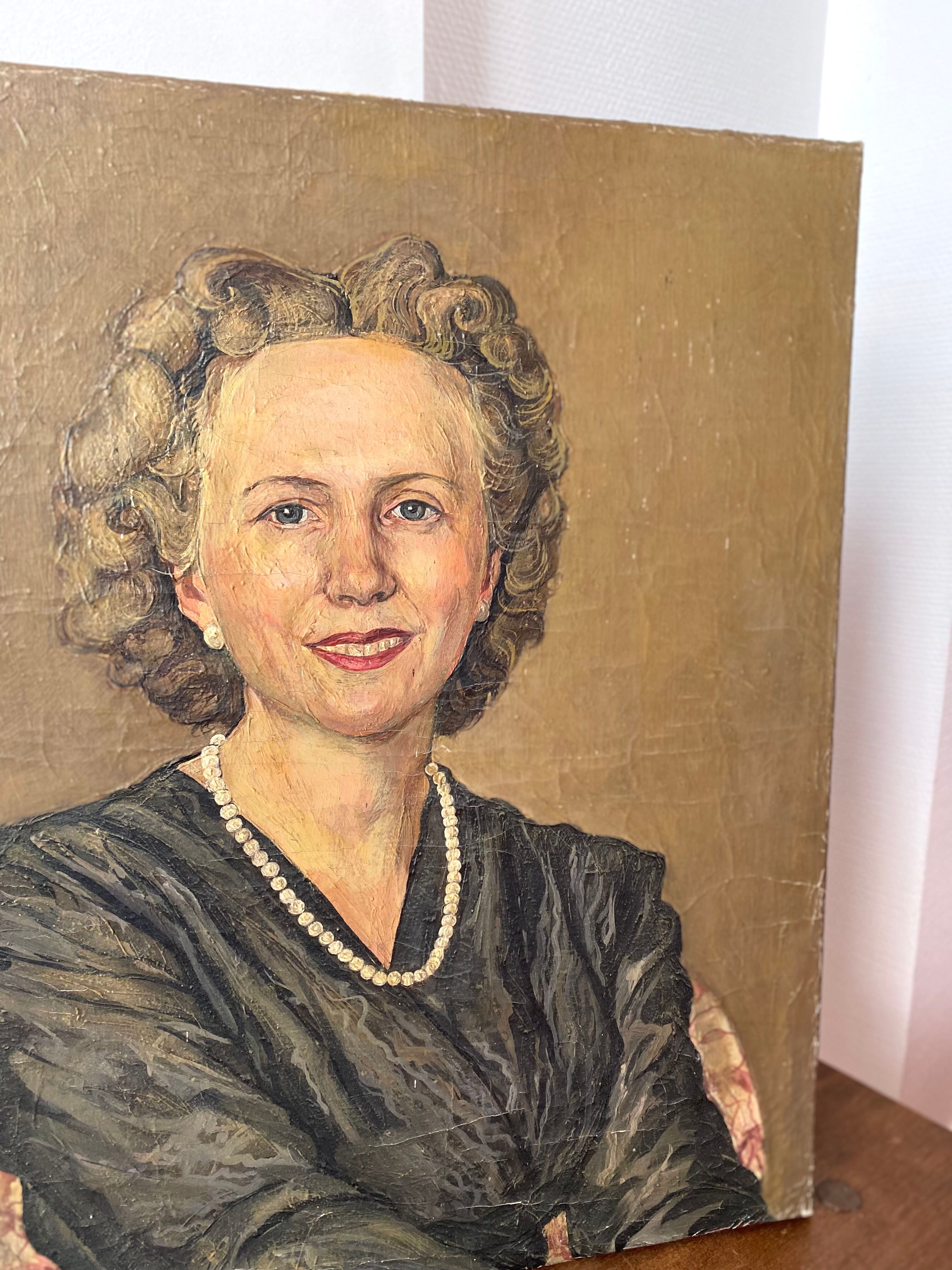 Oil portrait on canvas of an elegant vintage woman 50s