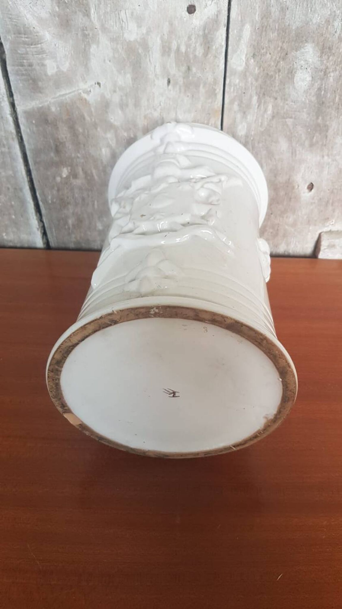 Old White Ceramic Vase Vintage Coat of Arms Decor #A697