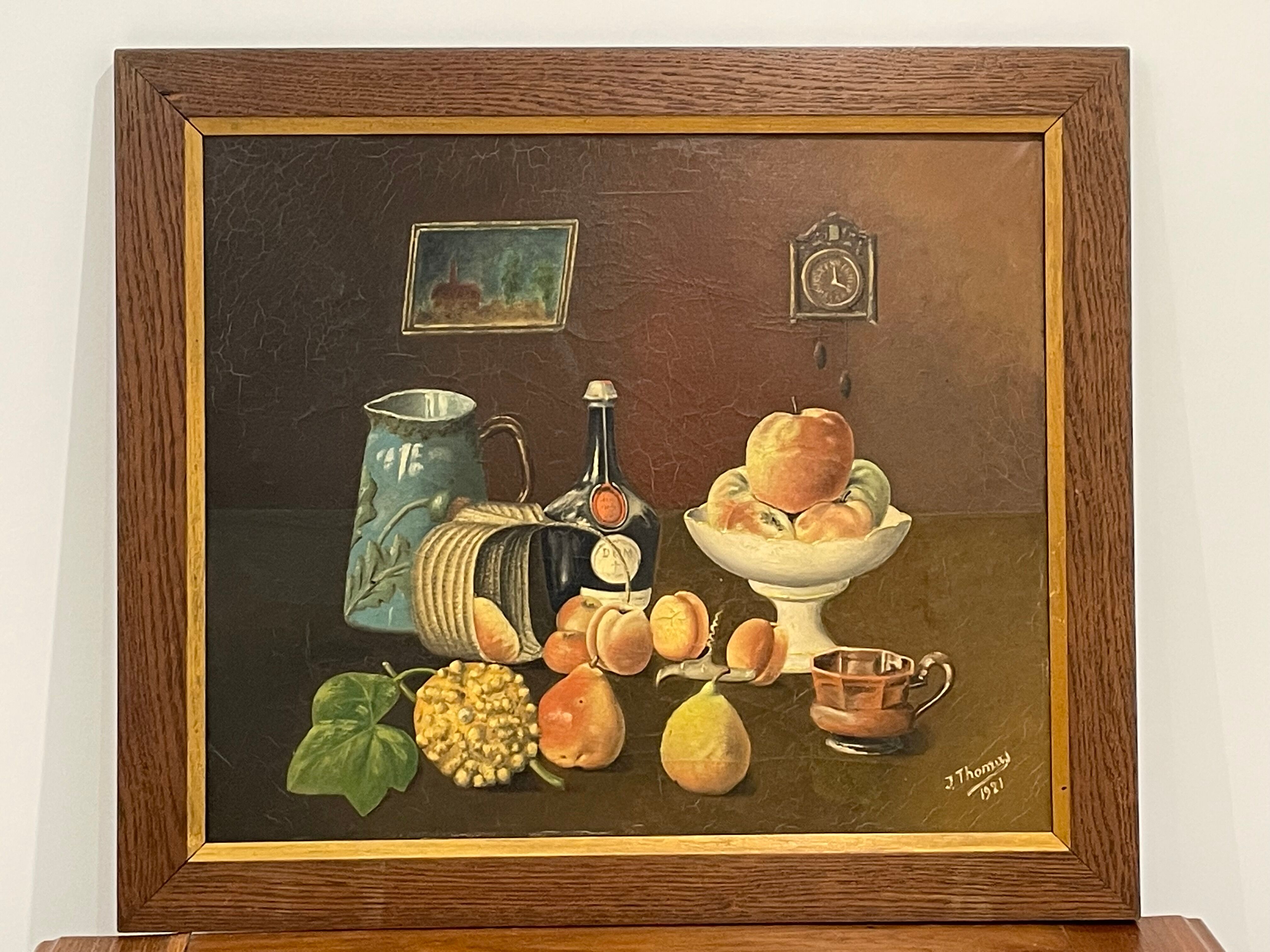 Framed painting oil on canvas still life by J Thomas 1921