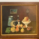 Framed painting oil on canvas still life by J Thomas 1921
