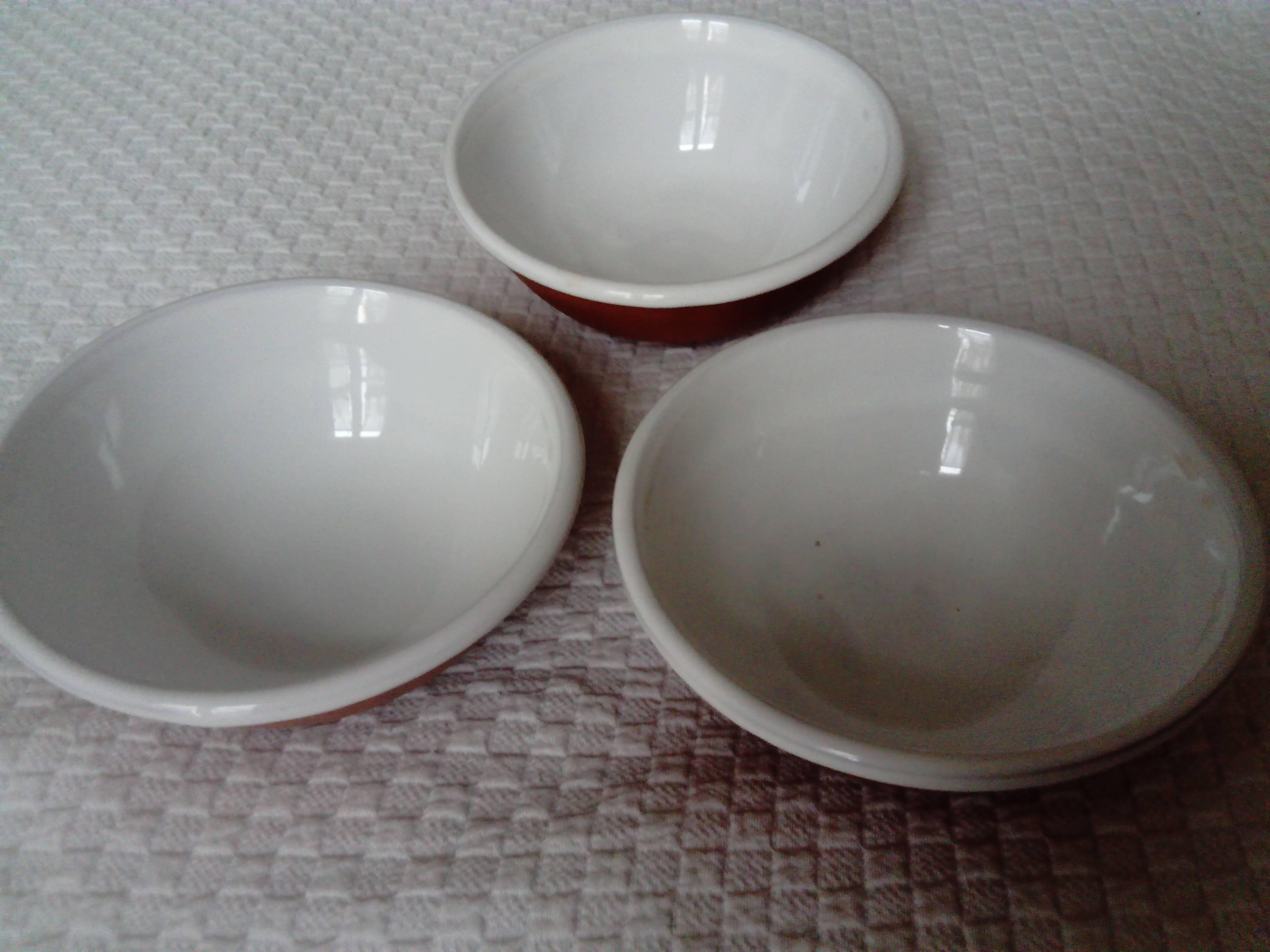 set of 3 terracotta cups or bowls with white enamel interior