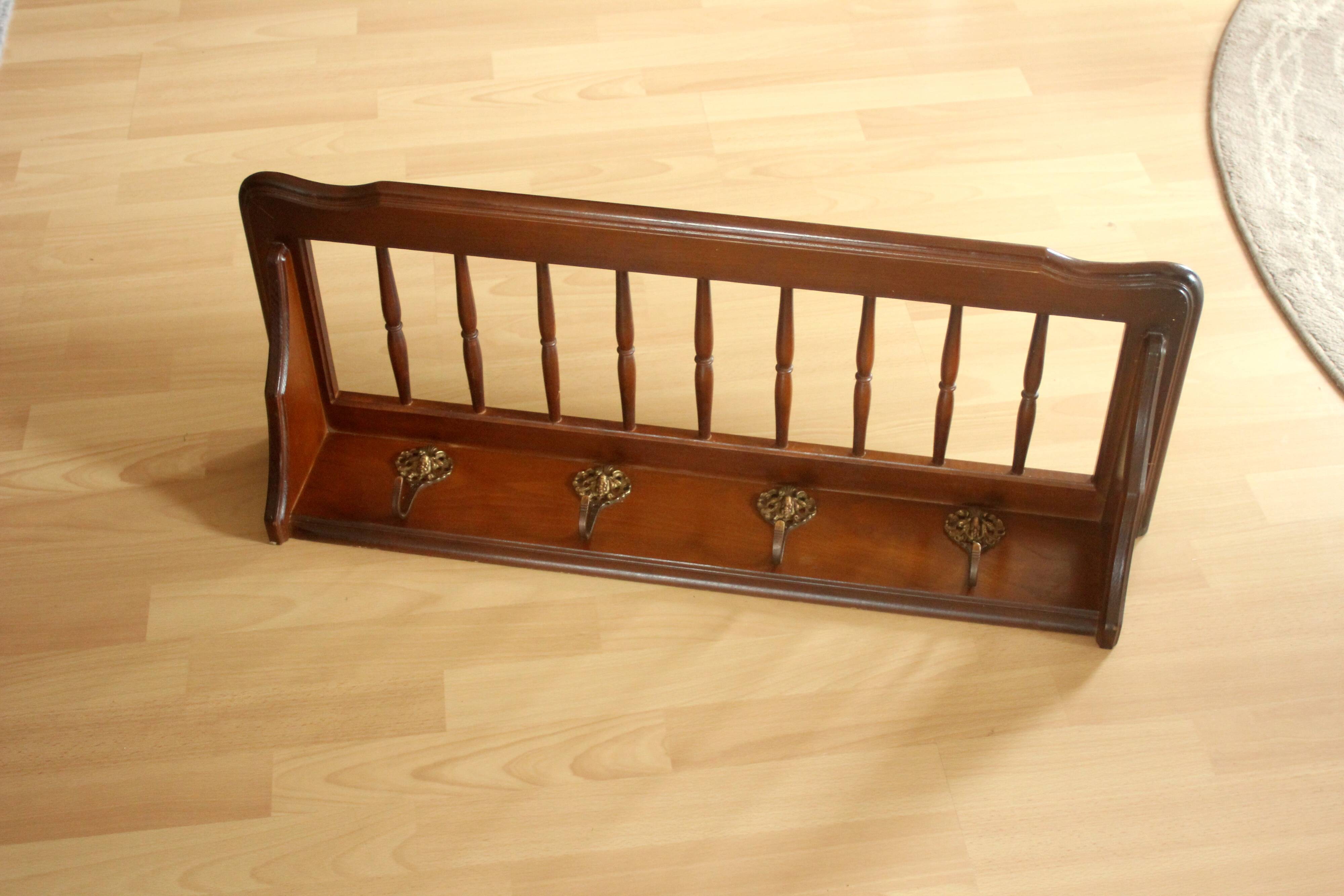 Wall mounted wooden coat rack with shelf wear hats and 4 brass hooks