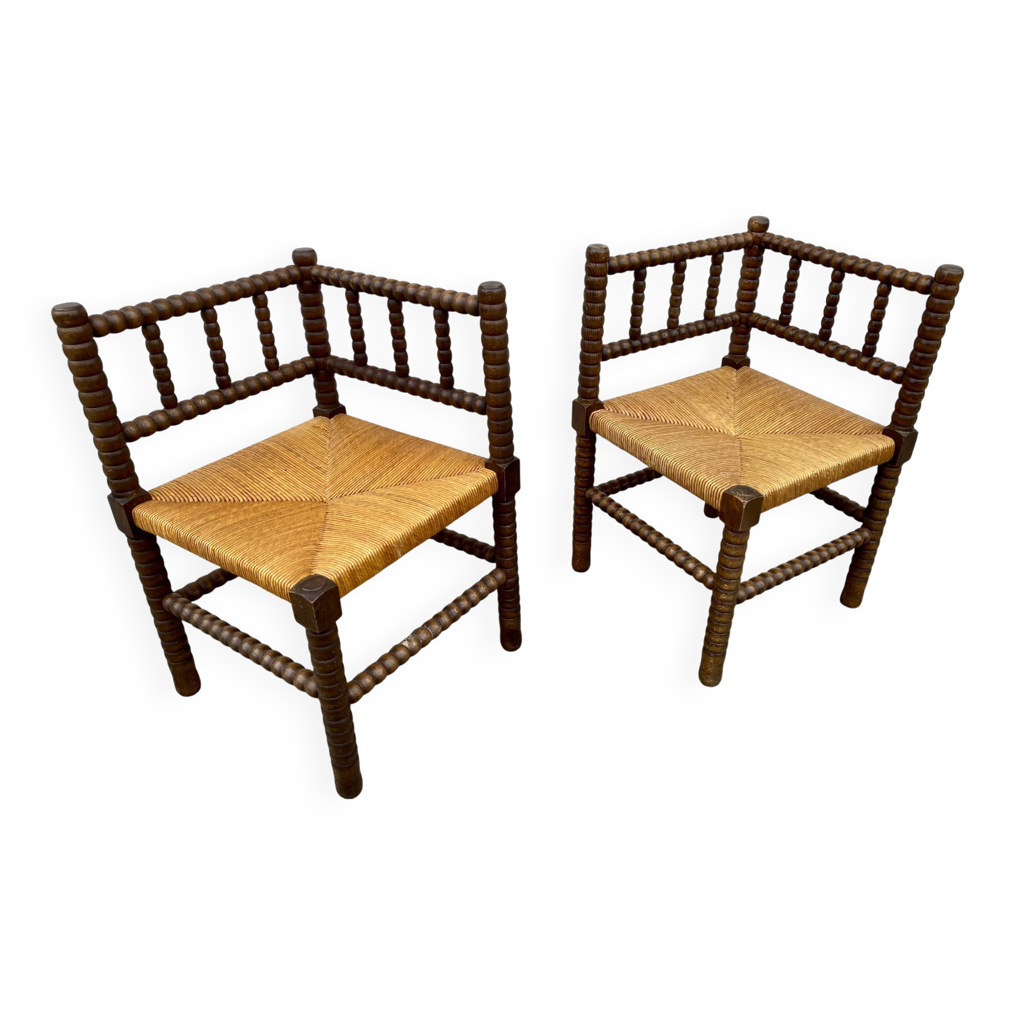 Pair of turned wood straw corner armchairs, Vintage 1950s
