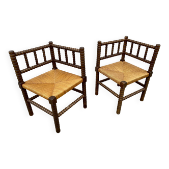 Pair of turned wood straw corner armchairs, Vintage 1950s