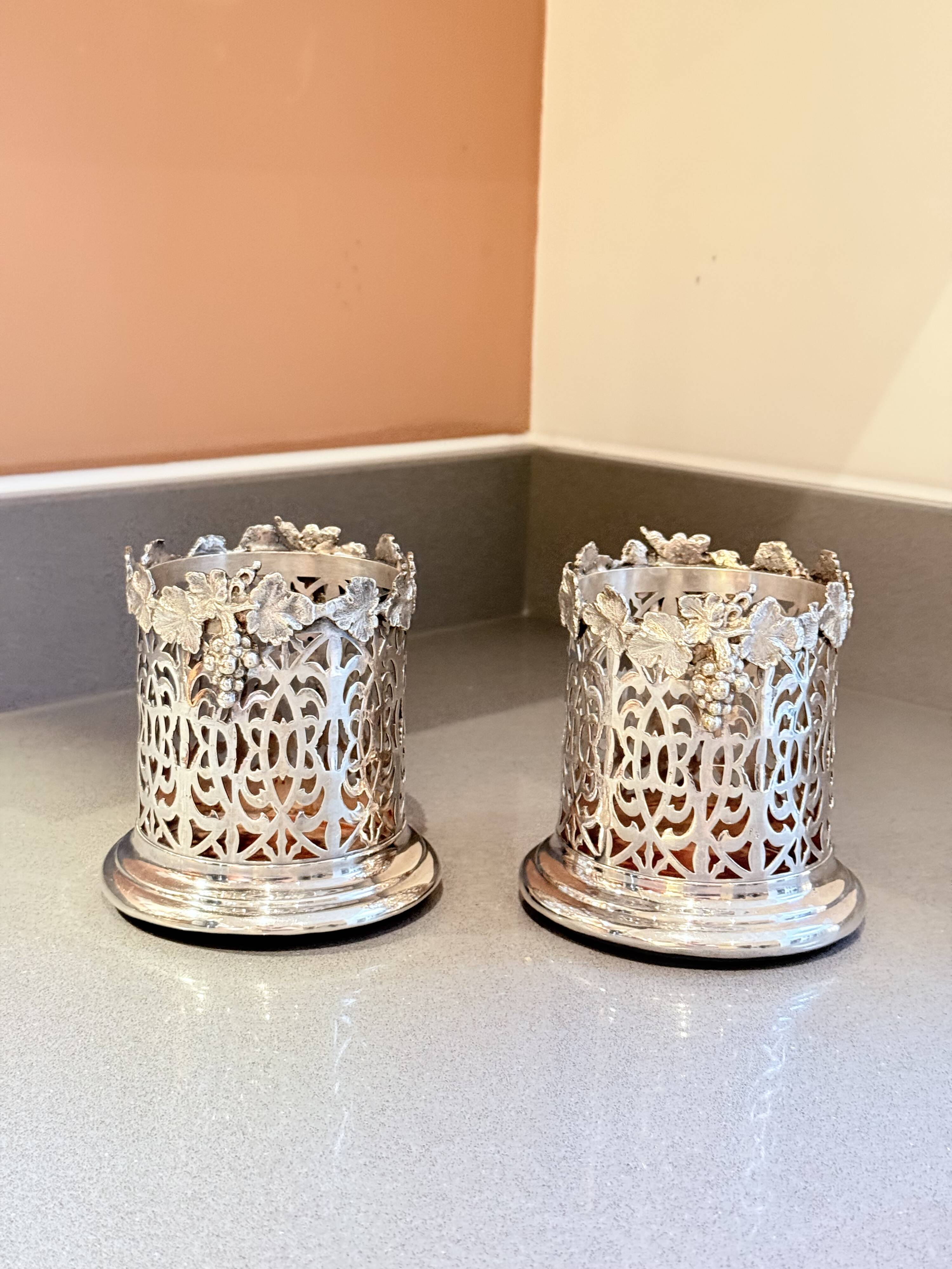 Pair of Silver-Plated Wine Bottle Coasters with Grape Vine Decoration Tableware