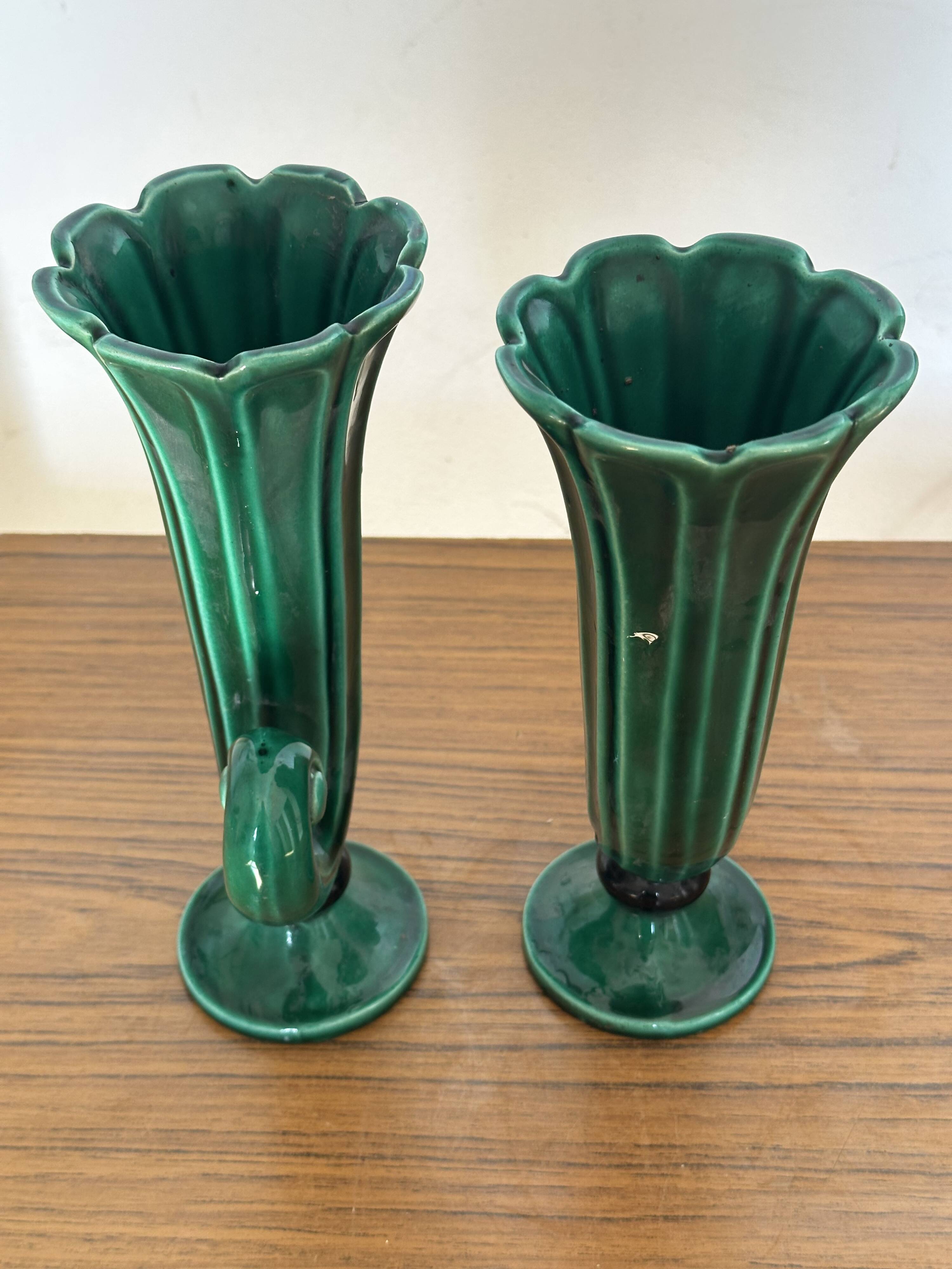 Pair of Art Deco vases circa 1920 - green glazed ceramic