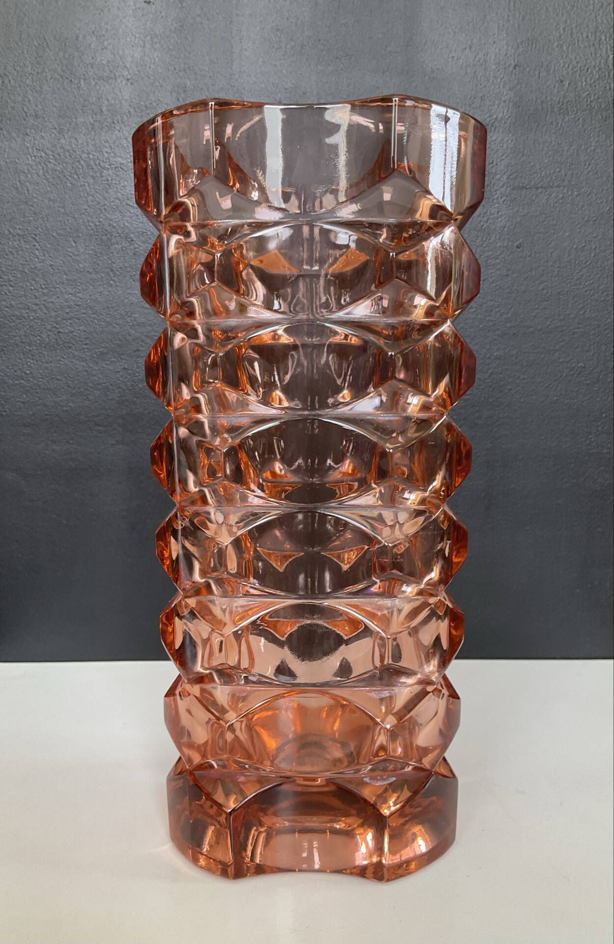 Large Art Deco vase in moulded pink Rosaline glass