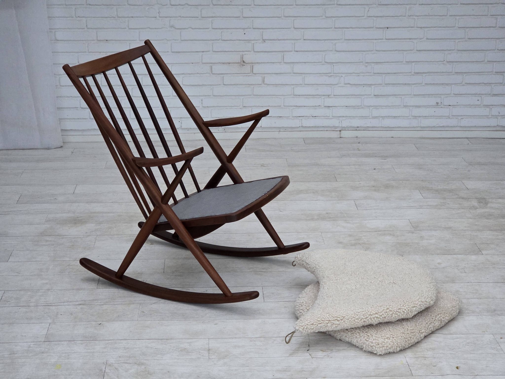 1960s, Danish rocking chair by Frank Reenskaug, model 182, sheepskin.