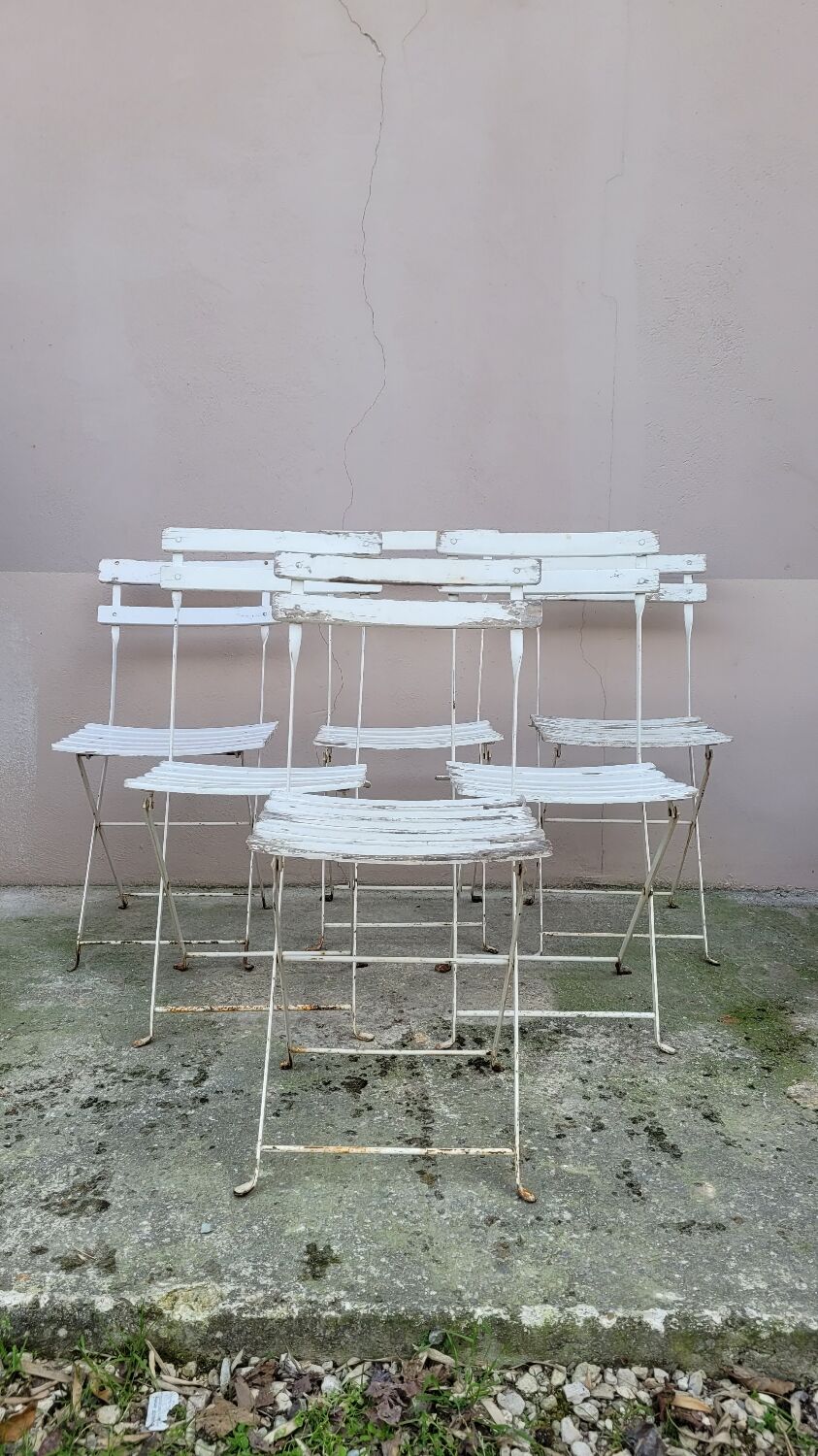 Series of 6 chairs and 1 folding armchair of iron garden bistro