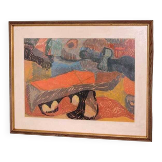 Original Swedish glazed pastel/oil on panel – abstract – glazed, vintage & framed – 86 × 66 cm (33.9" × 26.0")