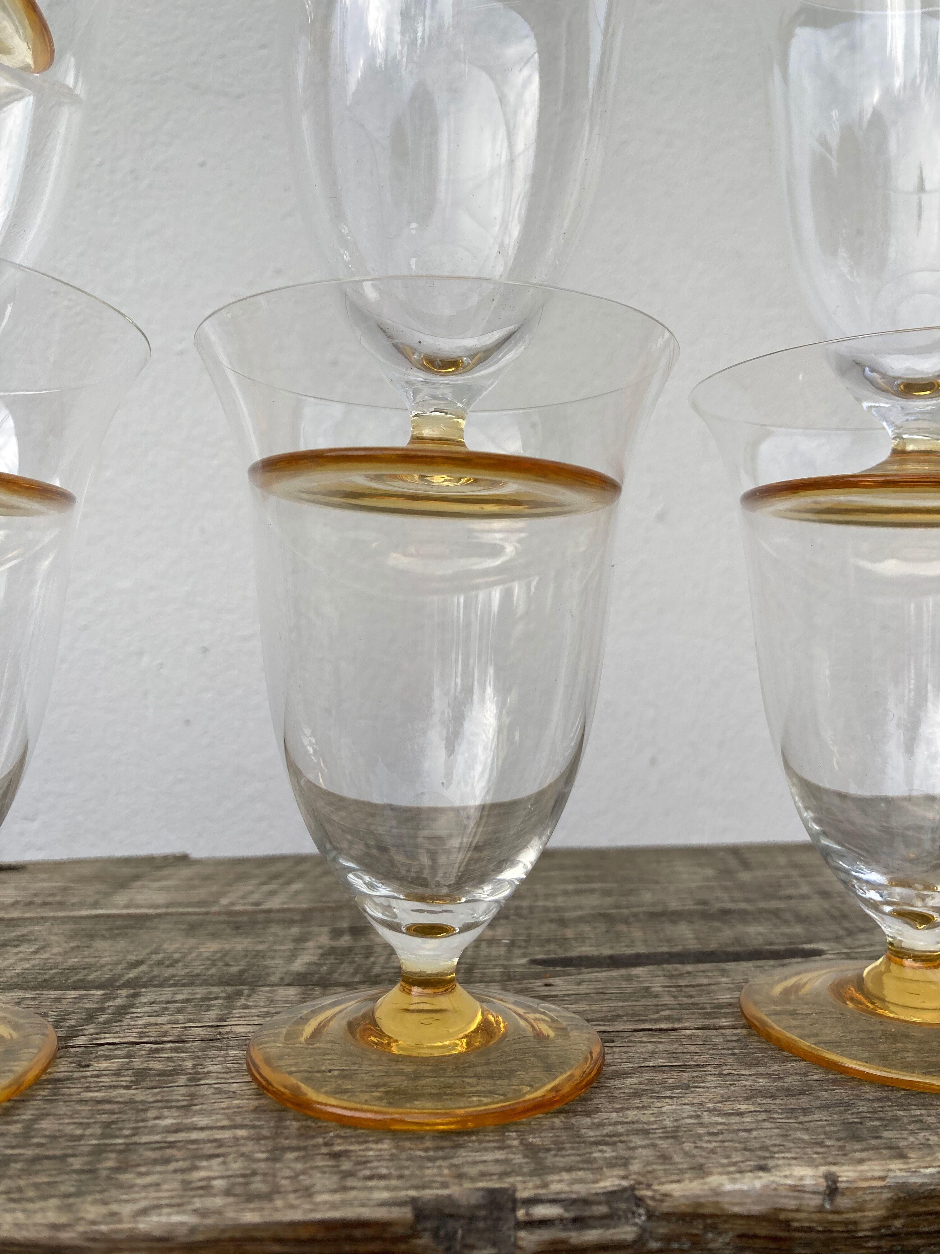 7 glasses with crystal stemmed yellow feet / cups