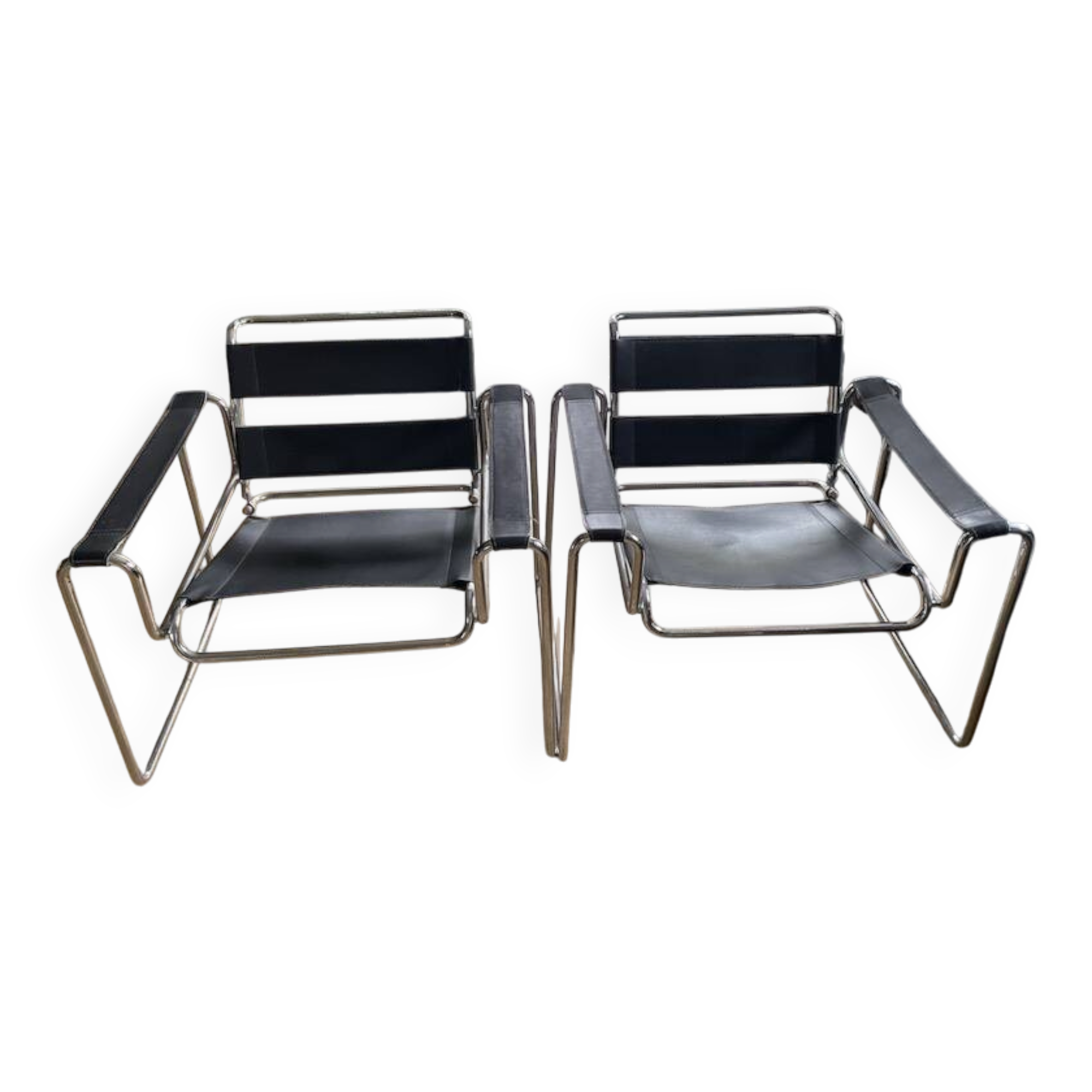 Set of 2 Black Leather Chairs in Wassily Style