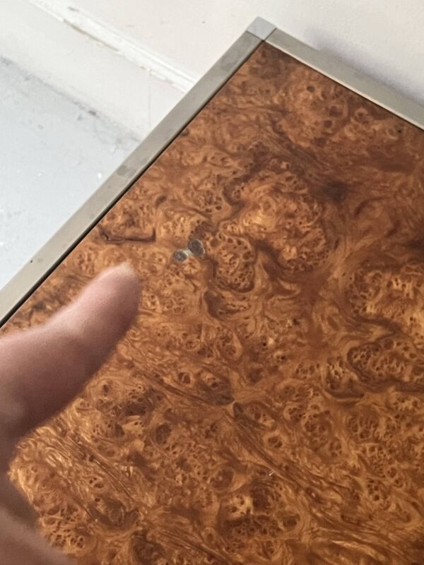 Table basse carrée métal & loupe d'orme dans le style de Willy Rizzo, 1970