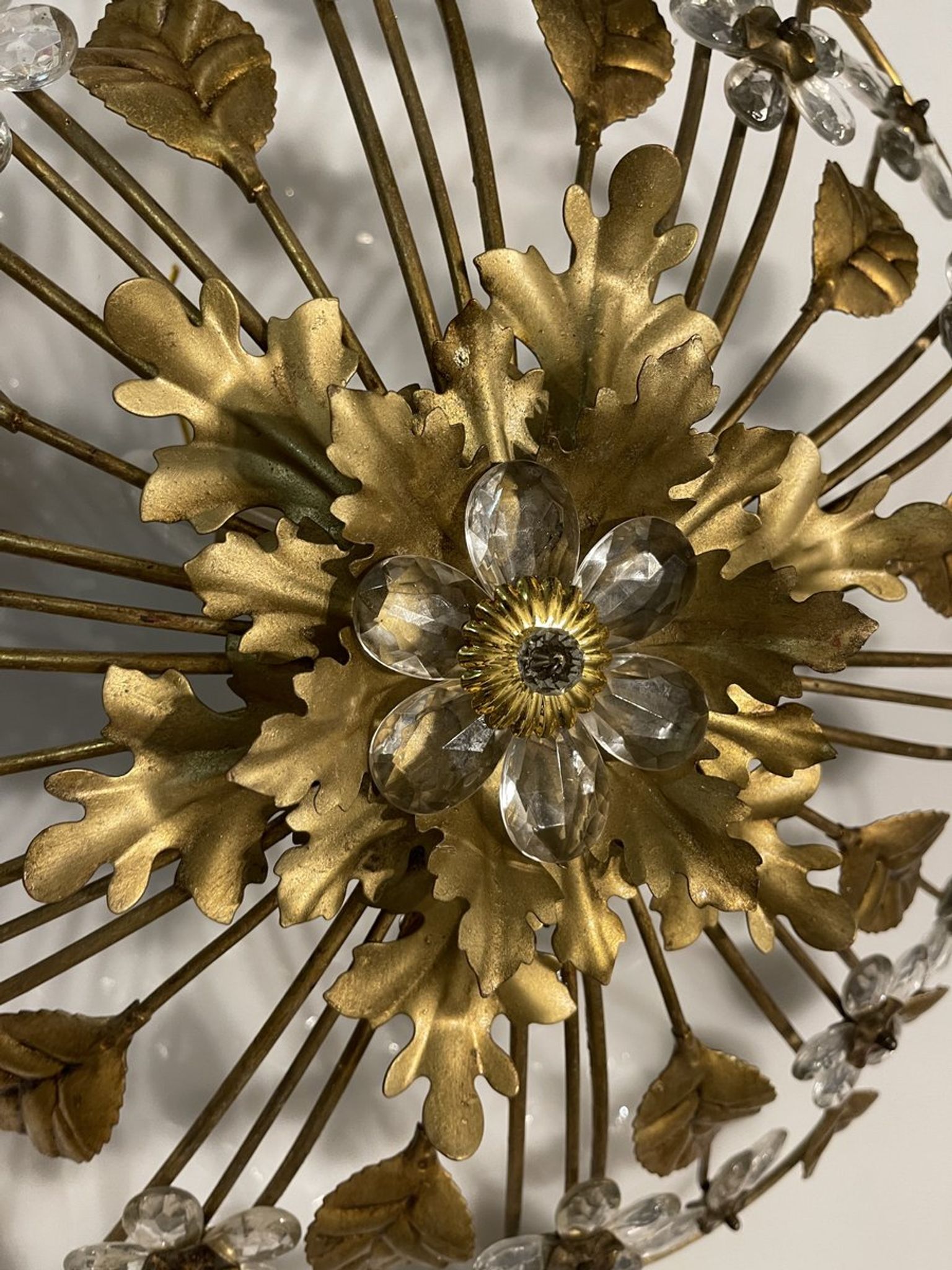 Italian gold gilded tole crystal flower flush mount, 1960s