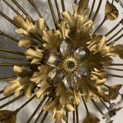 Italian gold gilded tole crystal flower flush mount, 1960s