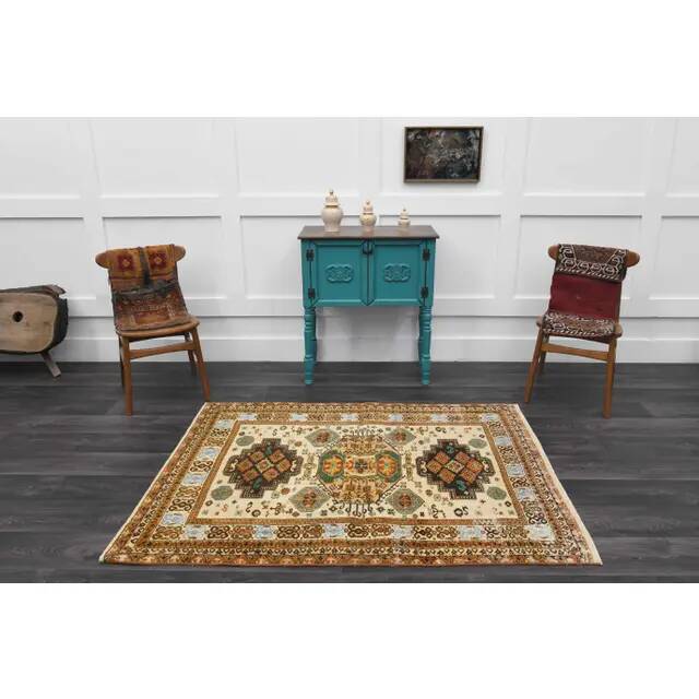 1970s Vintage Turkish Hand-Knotted Wool Cotton Yellow Area Rug 131x177