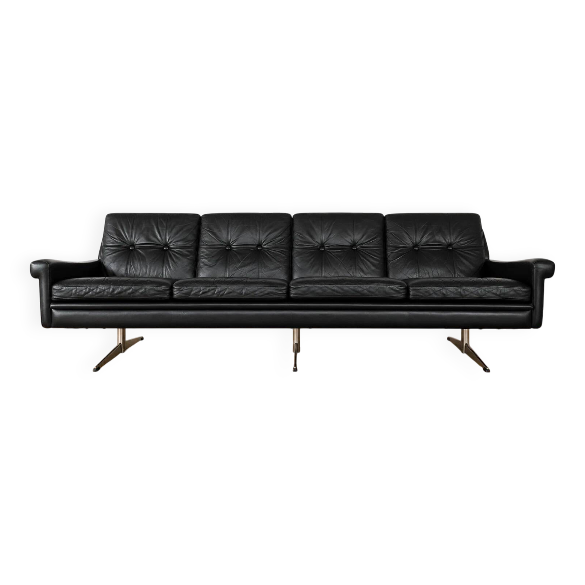 Vintage Danish Svend Skipper 4 person sofa in black leather and chrome