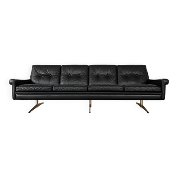 Canapé vintage danois Svend Skipper pour 4 personnes en cuir noir et chrome