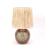 Sandstone lamp by Jacques Vilain, raffia lampshade, 70s ceramic