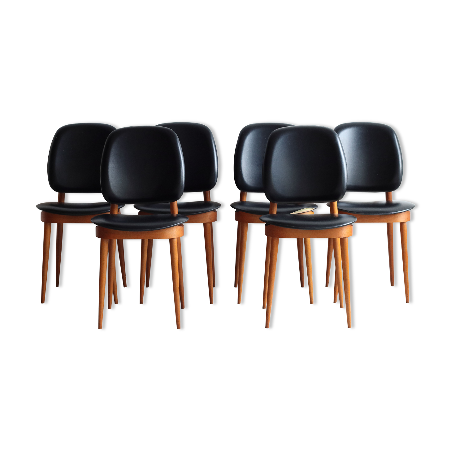 Suite of 6 Chairs Baumann model Pegasus in beech and faux black leather