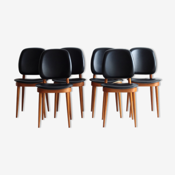 Suite de 6 chaises Baumann modèle Pégase en hêtre et simili cuir noir