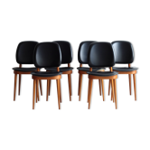 Suite of 6 Chairs Baumann model Pegasus in beech and faux black leather